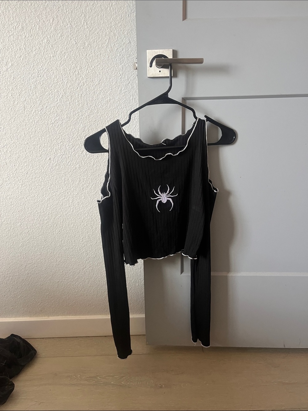 Black Ribbed Cold-Shoulder Top with Spider Man Embroidery